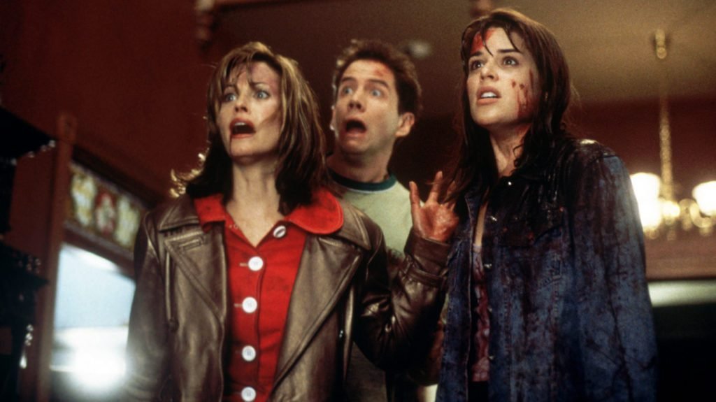 Gale, Randy and Sidney covered in blood in Scream