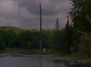 A ghostly figure standing by a lake