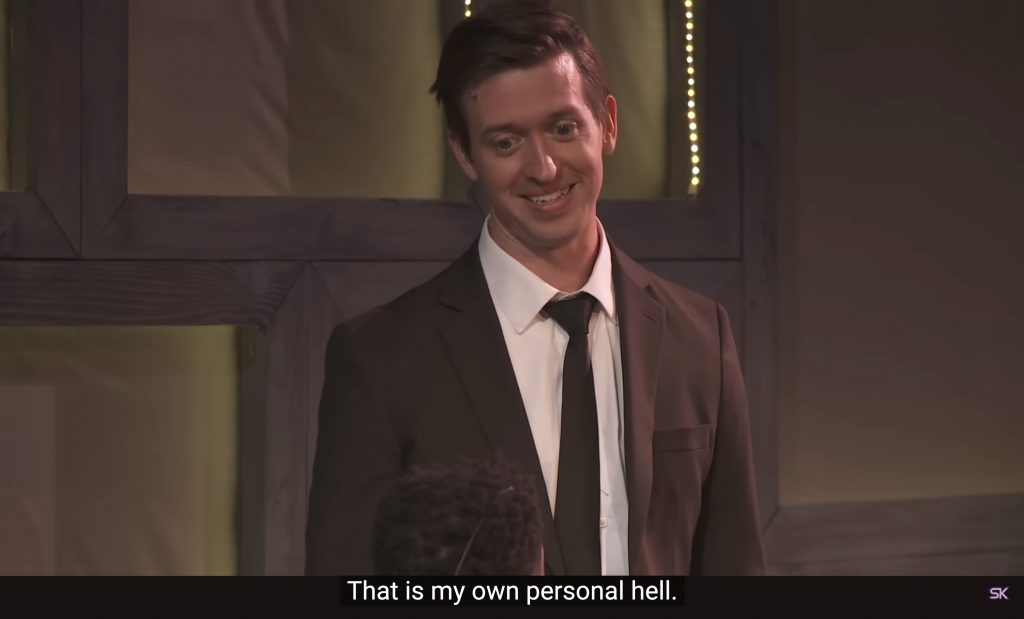 Paul Matthews (Jon Matteson) says, “That is my own personal hell,” in the musical, “The Guy Who Didn’t Like Musicals.”