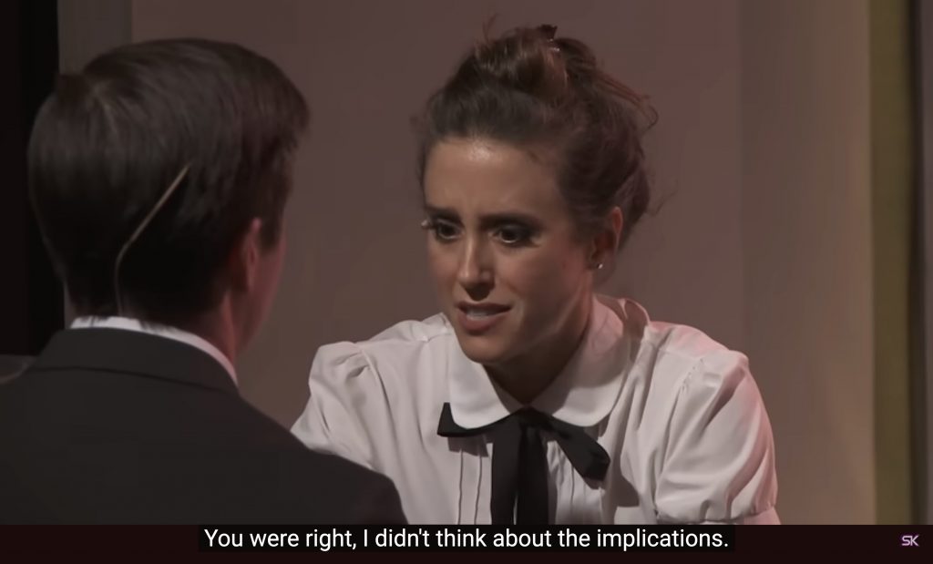 Emma Perkins (Lauren Lopez) realizes, “You were right, I didn’t think about the implications,” in the musical, “The Guy Who Didn’t Like Musicals.”
