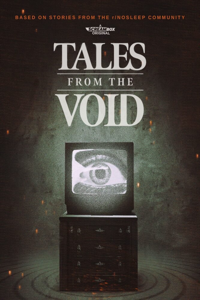 The poster for the series Tales from the Void shows a tv on a stand depicting the image of an eye up close.