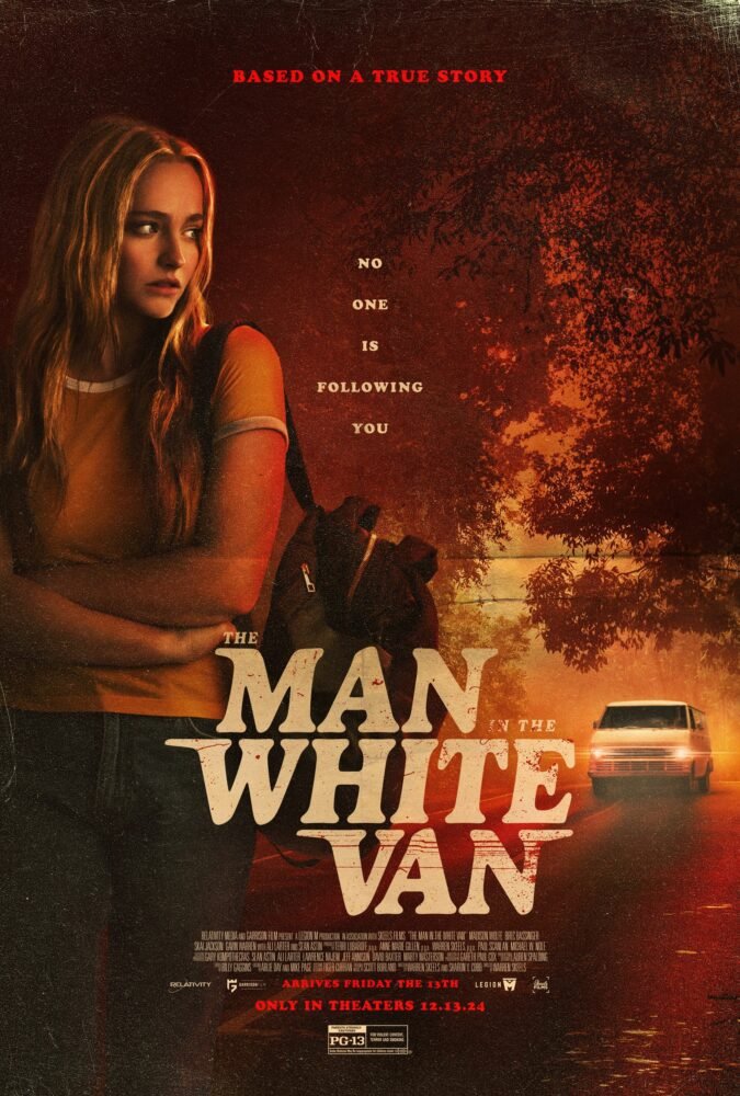 The Man in the White Van poster show's a girl wearing a backpack crossing her arms and looking over her shoulder at a van with it's headlights behind her.