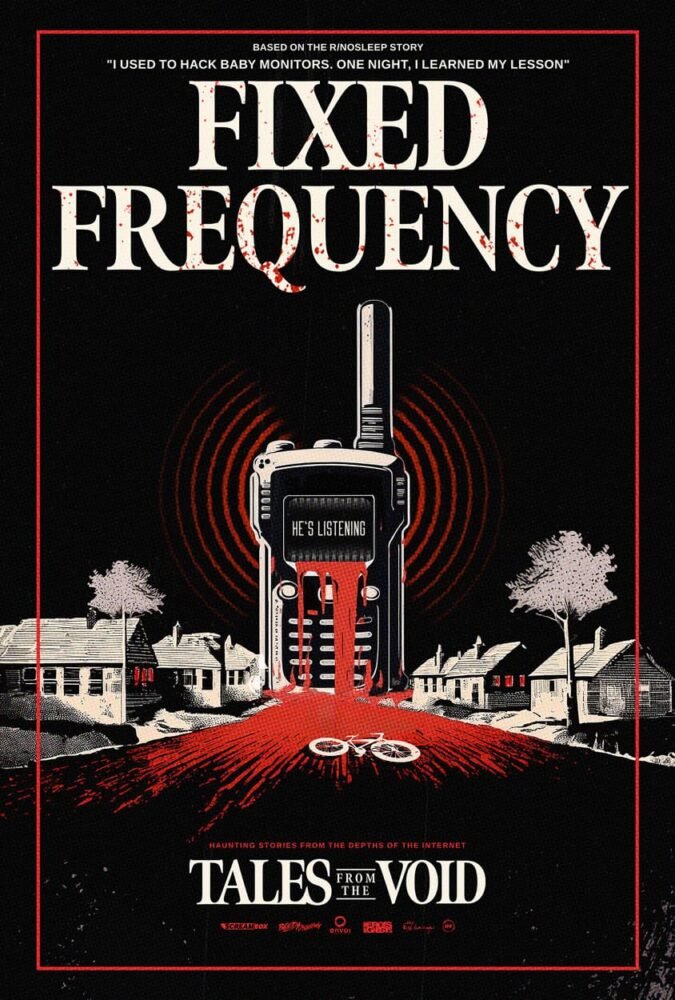 The poster for FIXED FREQUENCY shows a giant walkie-talkie in the center of a neighborhood with blood spilling from it into the street.