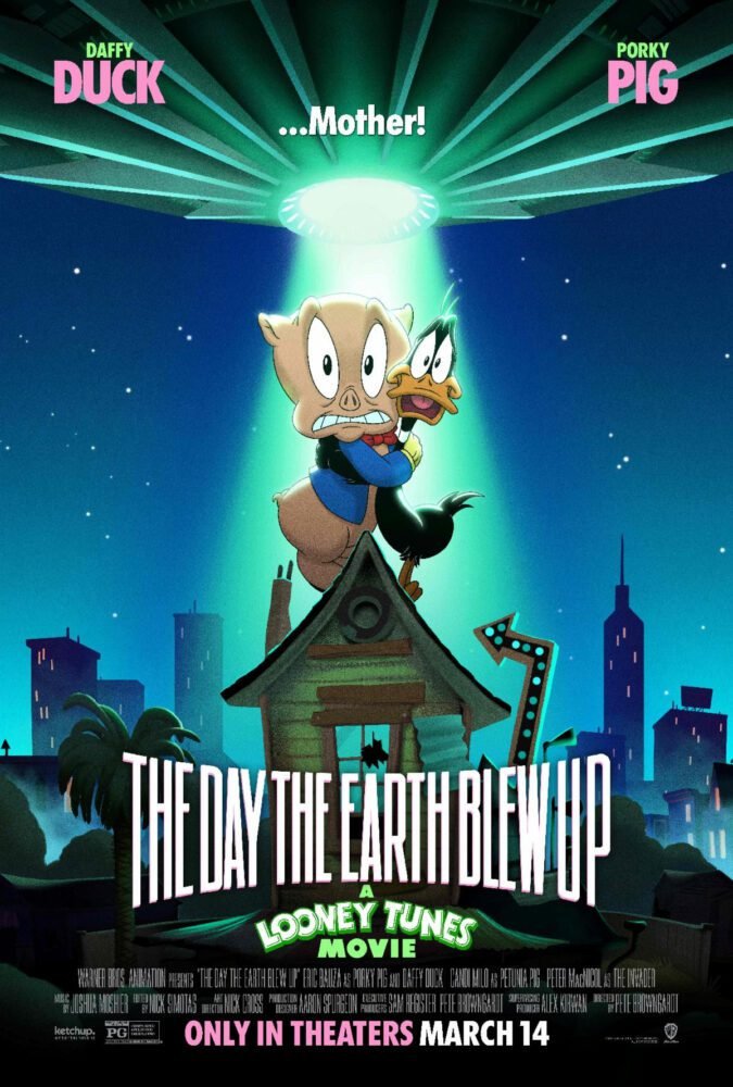 Porky Pig and Daffy Duck stand on a roof hugging each other in terror as a flying saucer beam shines down on them in the poster for the film, “The Day the Earth Blew Up” (2024).