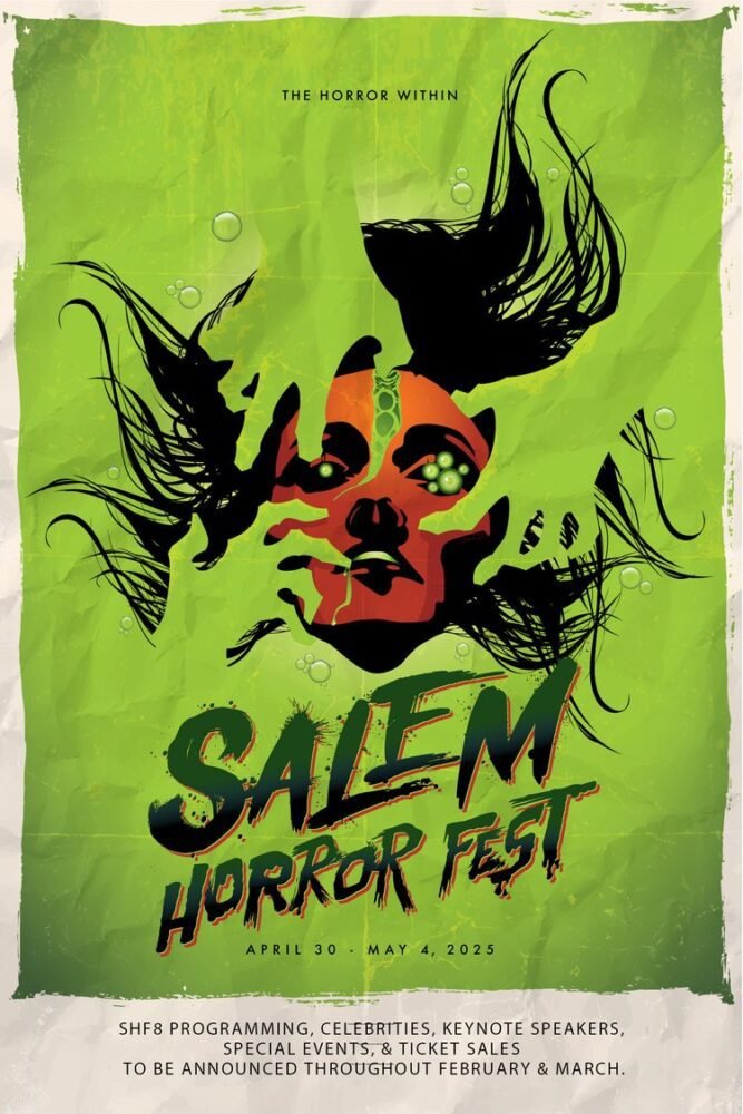 A green poster showing a red face sinking into the green and green silhouettes of hands reaching to bring the face down.