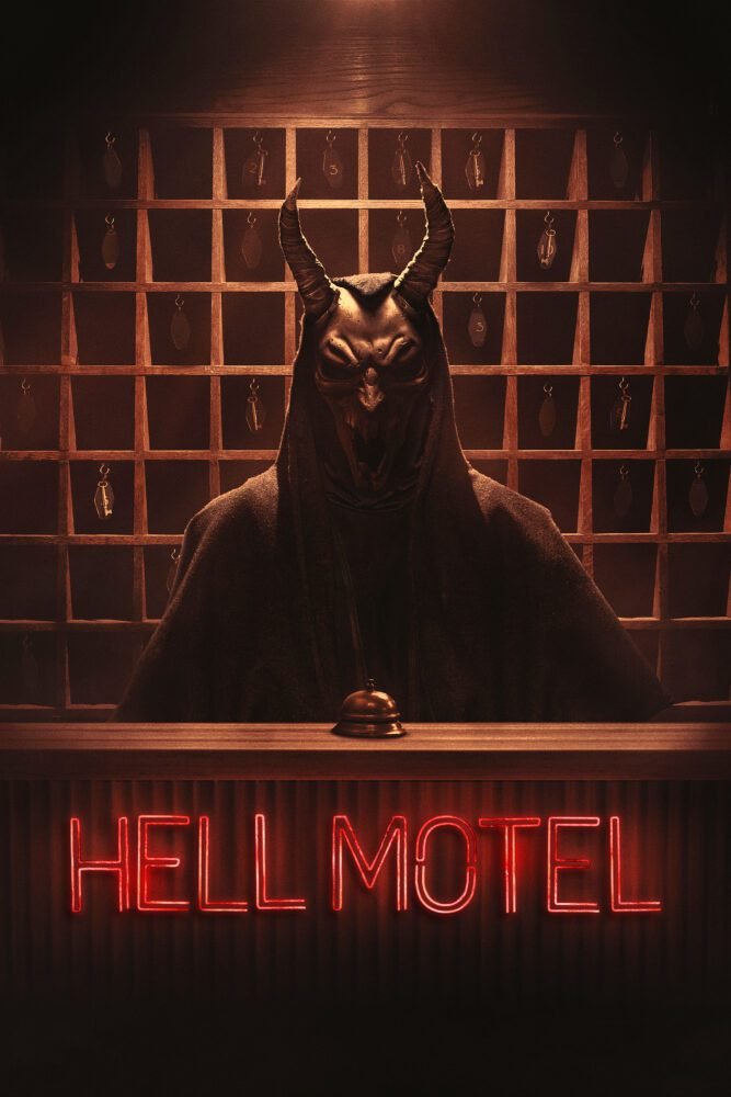 The poster for Hell Motel shows a masked figure standing behind a motel's front desk.