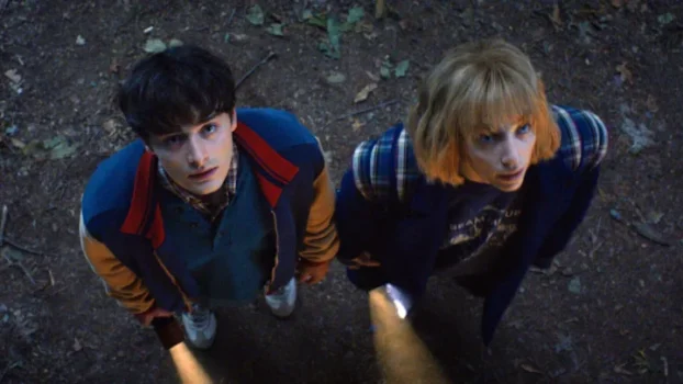 Will (Noah Schnapp) and Robin (Maya Hawke) look upwards. with flashlights in hand.