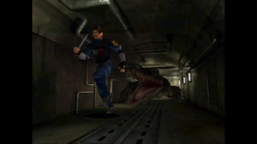 Chris runs away from an alligator in Resident Evil 2