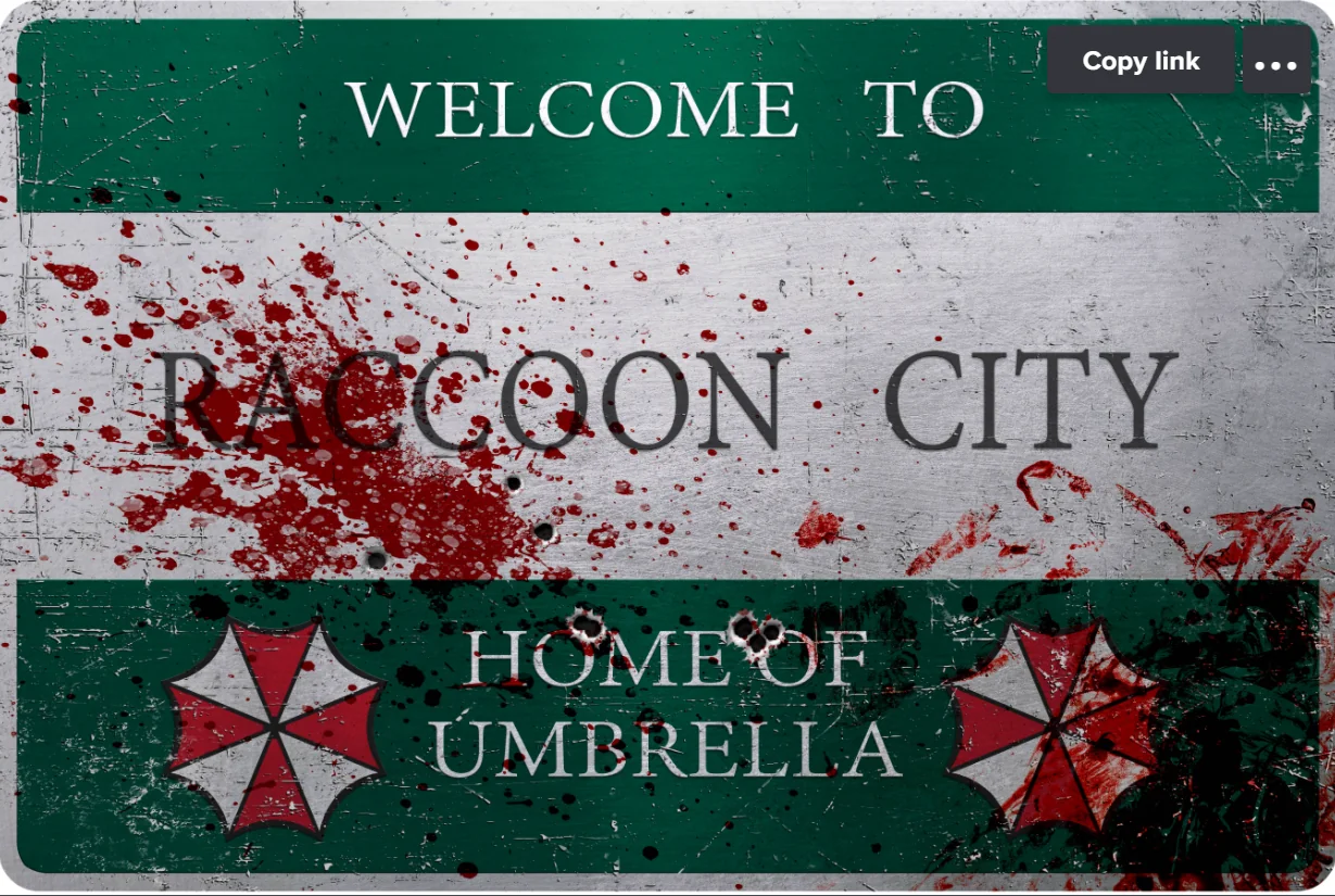 A blood-stained Welcome to Racoon City sign